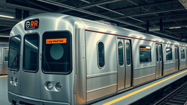 Long Island Rail Road train at modern station representing strike situation.