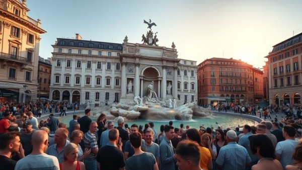 Forbidden plunge at iconic landmark with bustling crowd at historic fountain.