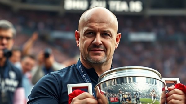 Pep Guardiola holds trophy amidst photographers, stadium background.
