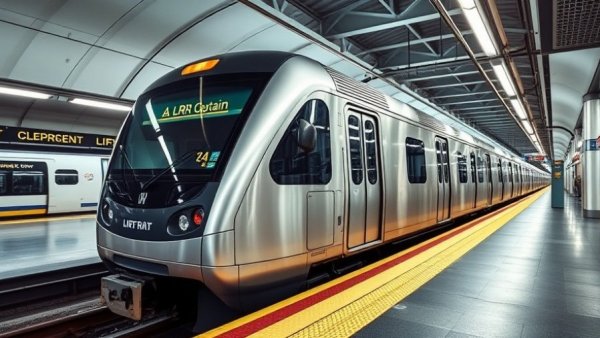 Long Island Rail Road train at a brightly lit station platform