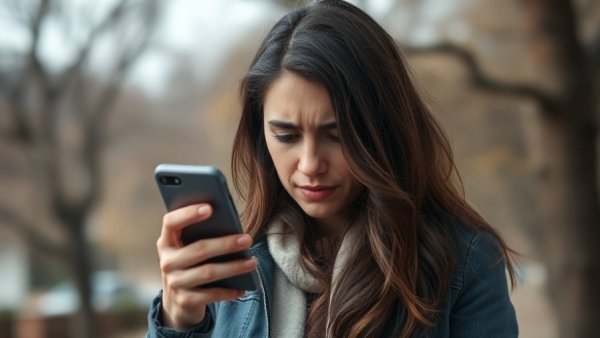 Distressed woman holding phone crying outdoors, emotional scene.