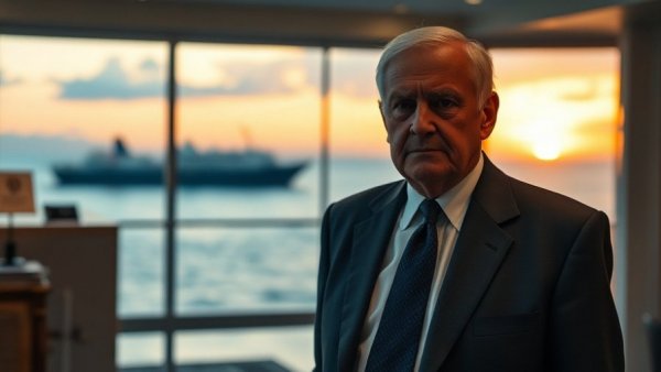 Man in suit indoors with ship at sea during sunset.