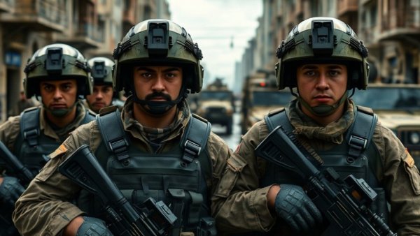 Military presence related to Strait of Hormuz Crisis with soldiers overseeing in urban setting.