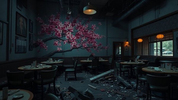 Hidden Omakase crash scene with debris and mural