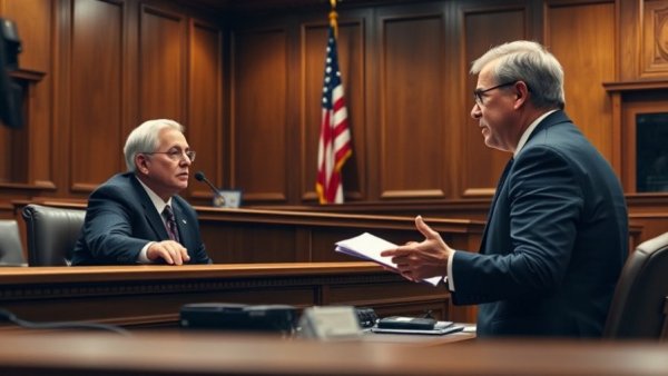 News in the US: courtroom scene with judge and attorney.