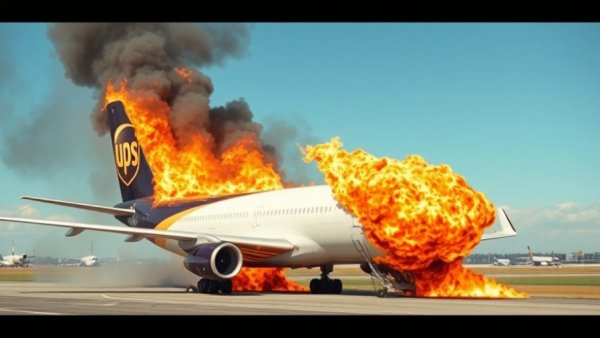 UPS plane crash investigation: cargo plane on runway in flames.