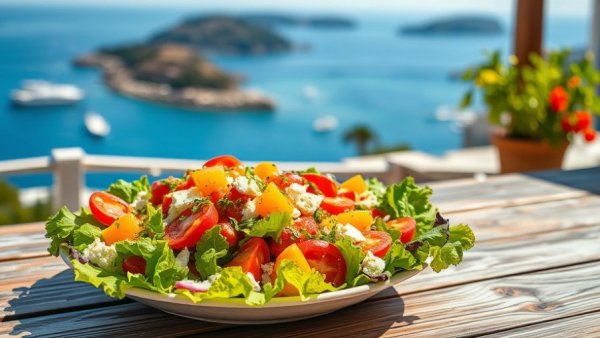 Mediterranean salad with coastal view, highlighting diet and diabetes risk reduction.