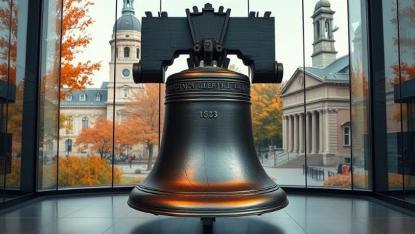 Liberty Bell in modern display with historic backdrop.