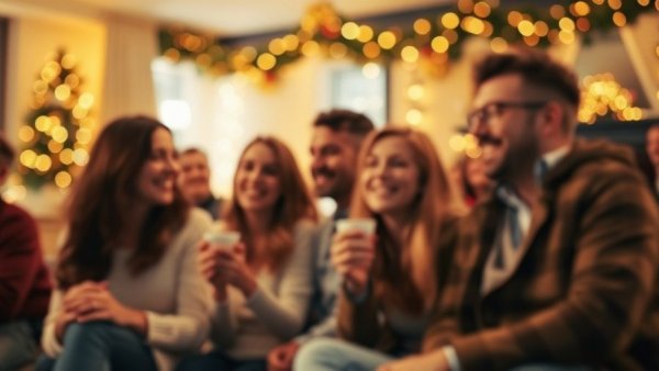 Warm festive gathering promoting mental health tips.