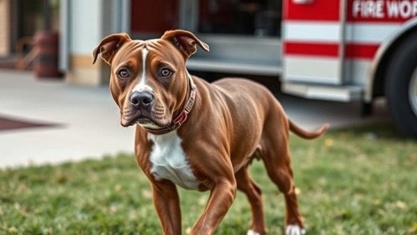 Fort Worth Fire Department dog adoption: brown pit bull on a sidewalk.
