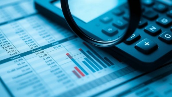 Financial data and losses with magnifying glass in business spreadsheet.