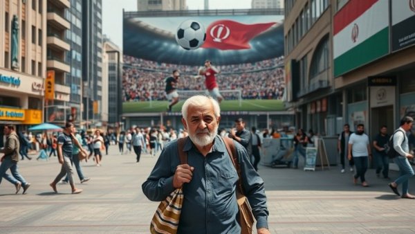 Iranian street scene with mural illustrating national pride.