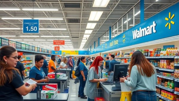 Busy Walmart checkout area with employees assisting customers.