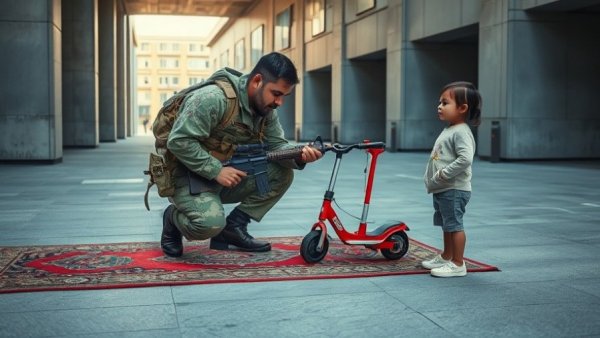 US-Iran Relations Tensions depicted with military man and children in urban setting.