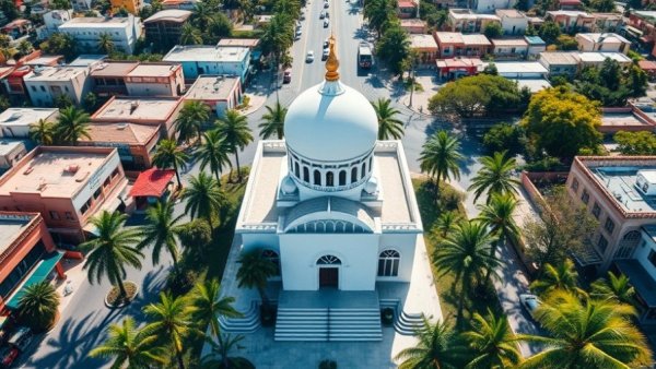 Aerial view of mosque in urban San Diego setting.
