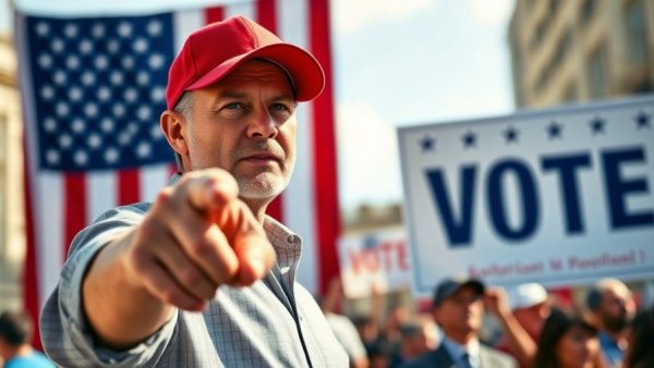 Trump breaking news today: Man in red cap at rally, pointing confidently.