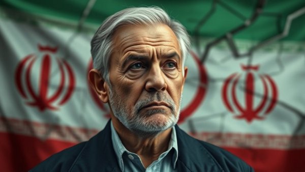 Iran new threat against US and Israel depicted with thoughtful man and cracked Iranian flag.