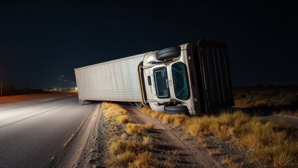 Overturned big rig in Houston on highway at night.