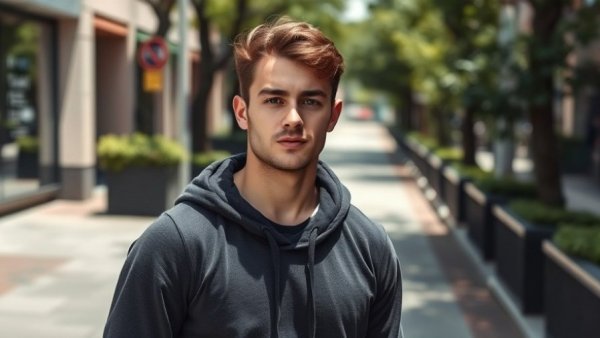 Man in dark hoodie standing on a sidewalk in Houston.
