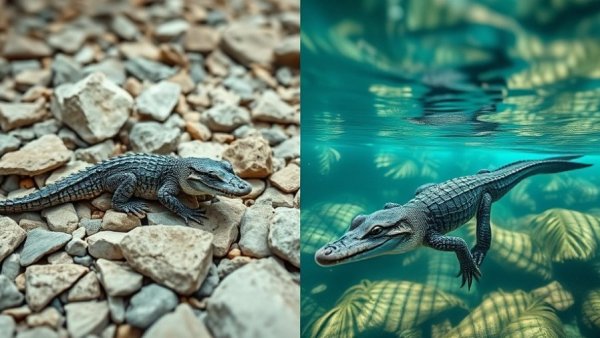 Small alligator in Cinco Ranch pool and on nearby rocks.