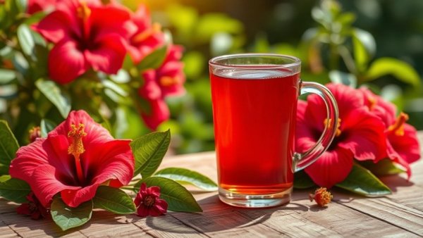 Hibiscus tea health benefits depicted with vibrant tea and flowers outdoors.