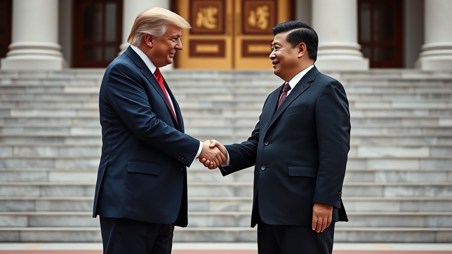 Trump and Xi summit handshake outside elegant building.