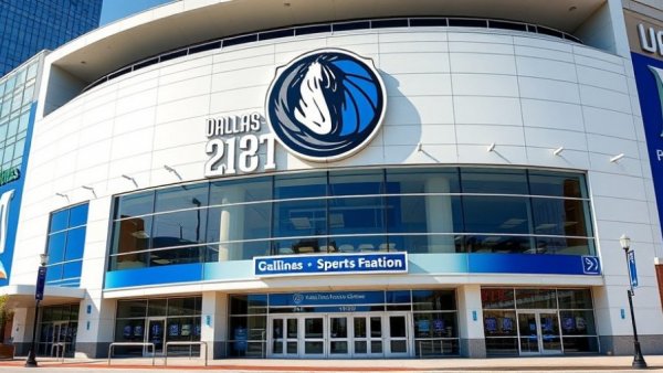 Dallas Mavericks renovation showcases vibrant facility facade.