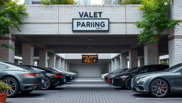 Urban parking garage near white brick building with parked vehicles.