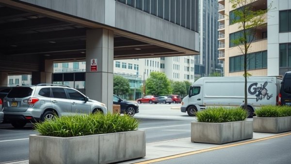 Parking entrance in urban setting with parked SUV.