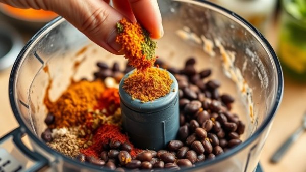 Spices for black bean burgers in a food processor, close-up.