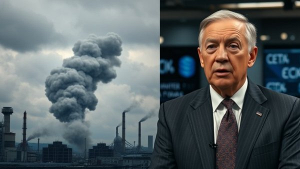 Split-screen image of smoke and a man in a suit discussing Iran lifeline warning.