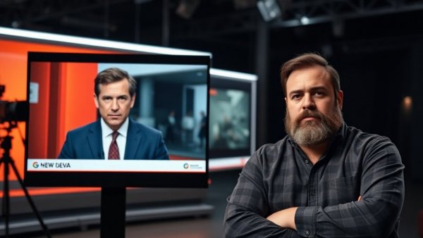 News anchor discusses topic with bearded man remotely, serious tone.