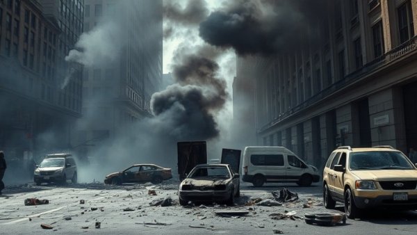 MTA car explosion near Wall Street, smoky scene aftermath.