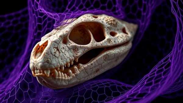 Reptile skull with digital mesh, illustrating bone armor evolution.