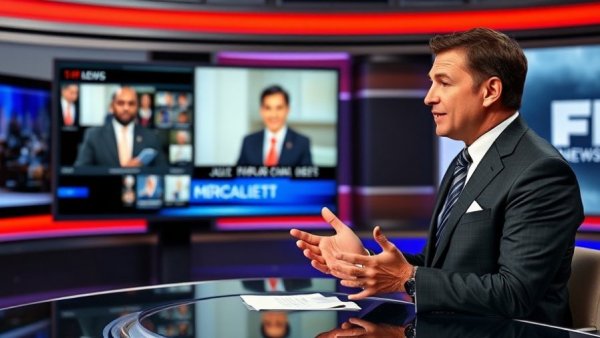 News anchor and guest in a split-screen broadcast.