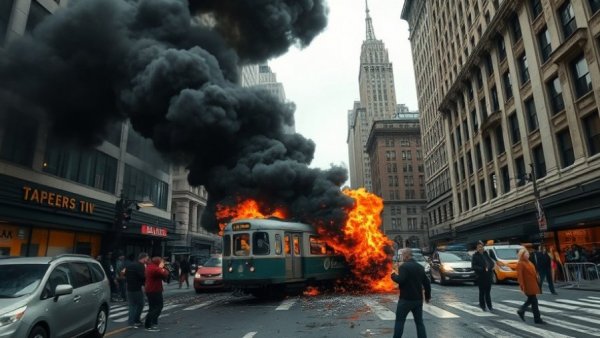 MTA car explosion near Wall Street captured with dense smoke and chaos.