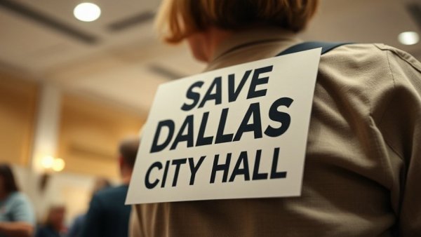 Close-up of 'Save Dallas City Hall' sign with repair headline.