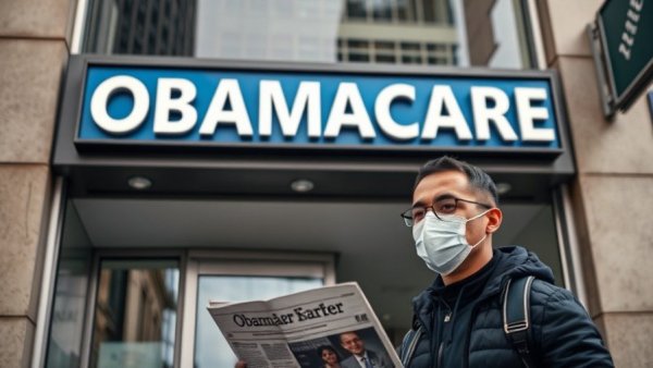 Obamacare sign above city storefront, person walking by.