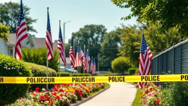 Police investigation in San Diego with flags and controversial signage.