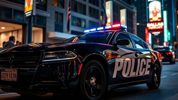 Dallas police car at night with blue and red lights on for Dallas news shooting