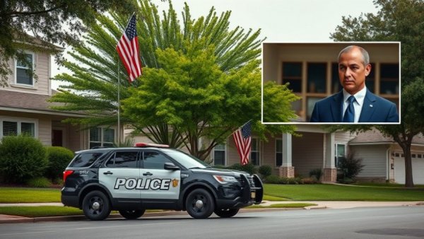 Houston police vehicles in front of house, person in court inset.
