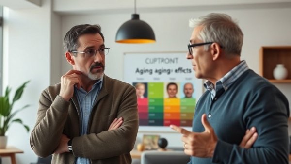 Two men discussing healthy aging tips with contrasting diagram in background.
