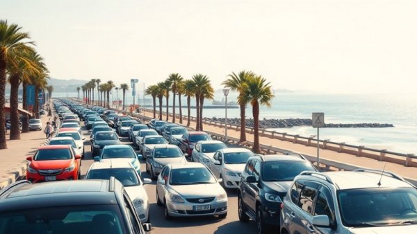 Busy Galveston street with cars near seafront, part of parking ticket program
