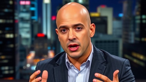 Bald male speaker on news program discussing serious issues.