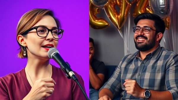 Public speaking event and social gathering featuring two individuals.