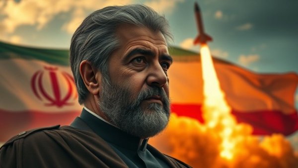 Iran's military capabilities depicted with leader and missile launch.