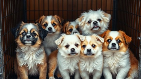 Fluffy rescue dogs in Nevada crate, animal rescue scene.