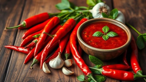 Spicy food including red chilies and sauce on a wooden table.