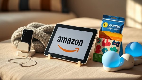 Amazon Haul discount store items including tablet, slippers, holder, sponge.