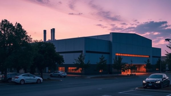 Modern industrial building at dusk representing Dallas economic development.